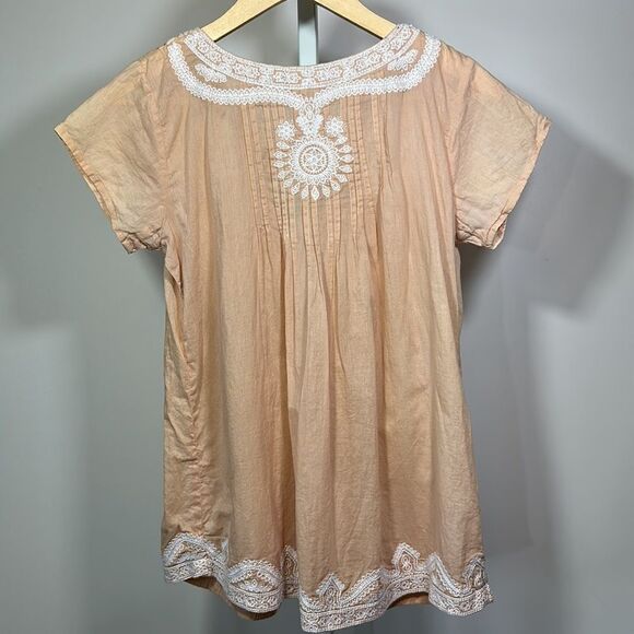 GOPI VAID Women’s Beaded & Embroidered Pleated Short Sleeve Top Tan Size Small - Picture 8 of 12